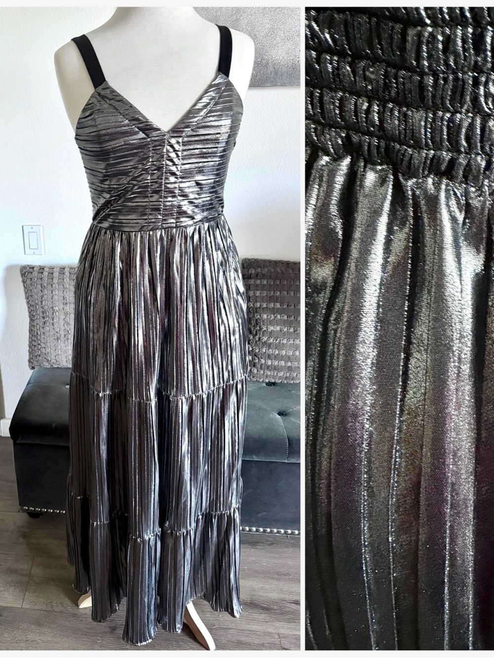 DKNY Metallic Silver Pleated V-Neck Maxi Dress
